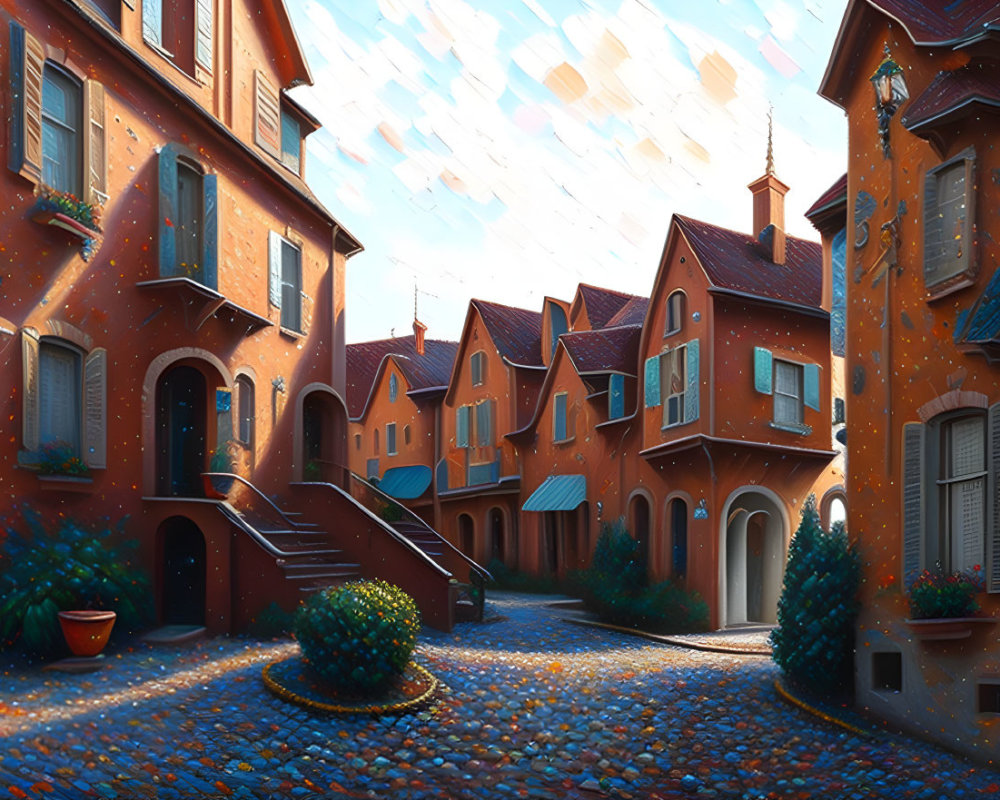 Charming cobblestone street with orange-toned houses at sunset