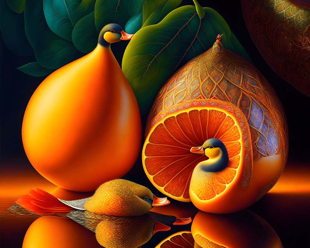 Colorful digital artwork: Citrus fruit birds on dark background with leafy textures