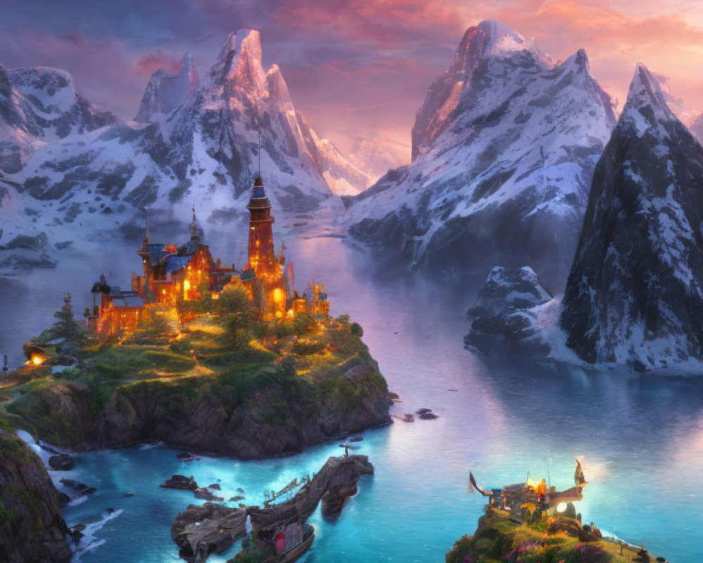 Glowing village nestled in snowy peaks by serene lake at dusk