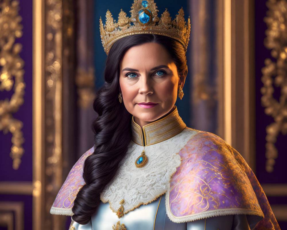 Regal woman in jeweled blue-and-gold gown poses against luxurious backdrop