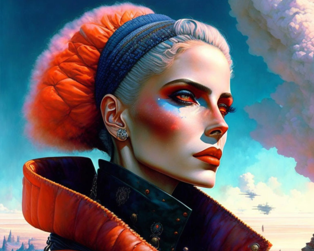 Illustrated woman with red makeup, blue headband, and orange fur jacket on cloudy sky background