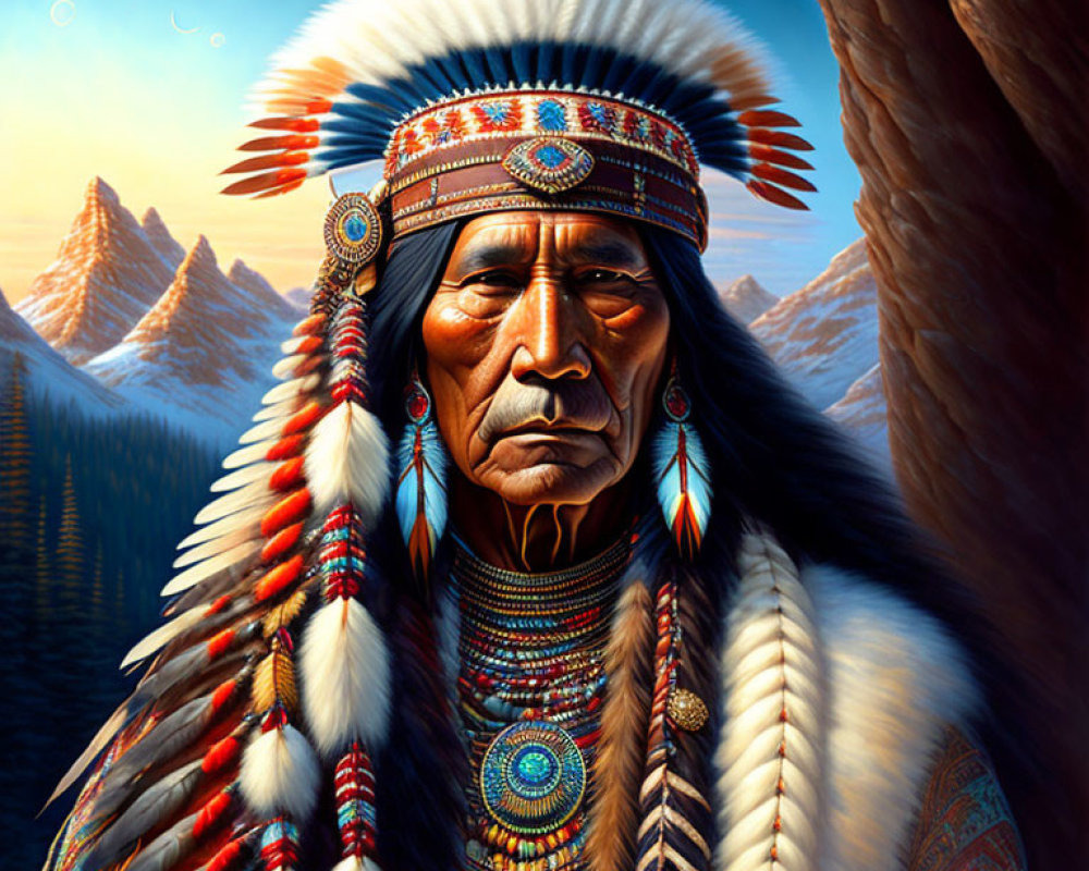 Illustration of Native American elder in traditional attire with feathered headdress against mountain sunset.