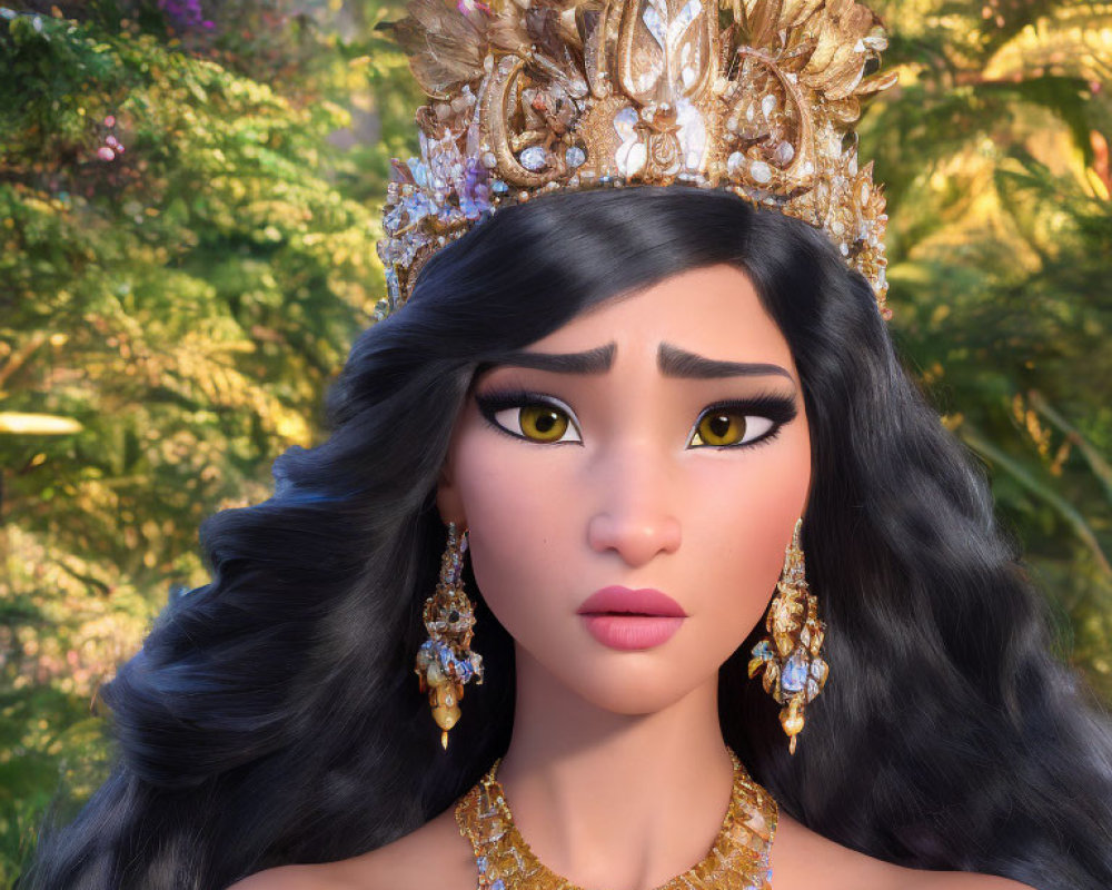 Animated character with long black hair, golden crown, and yellow eyes in front of violet flowers