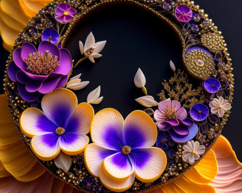 Circular Purple and Gold Floral Frame with Gemstones and Decorative Details