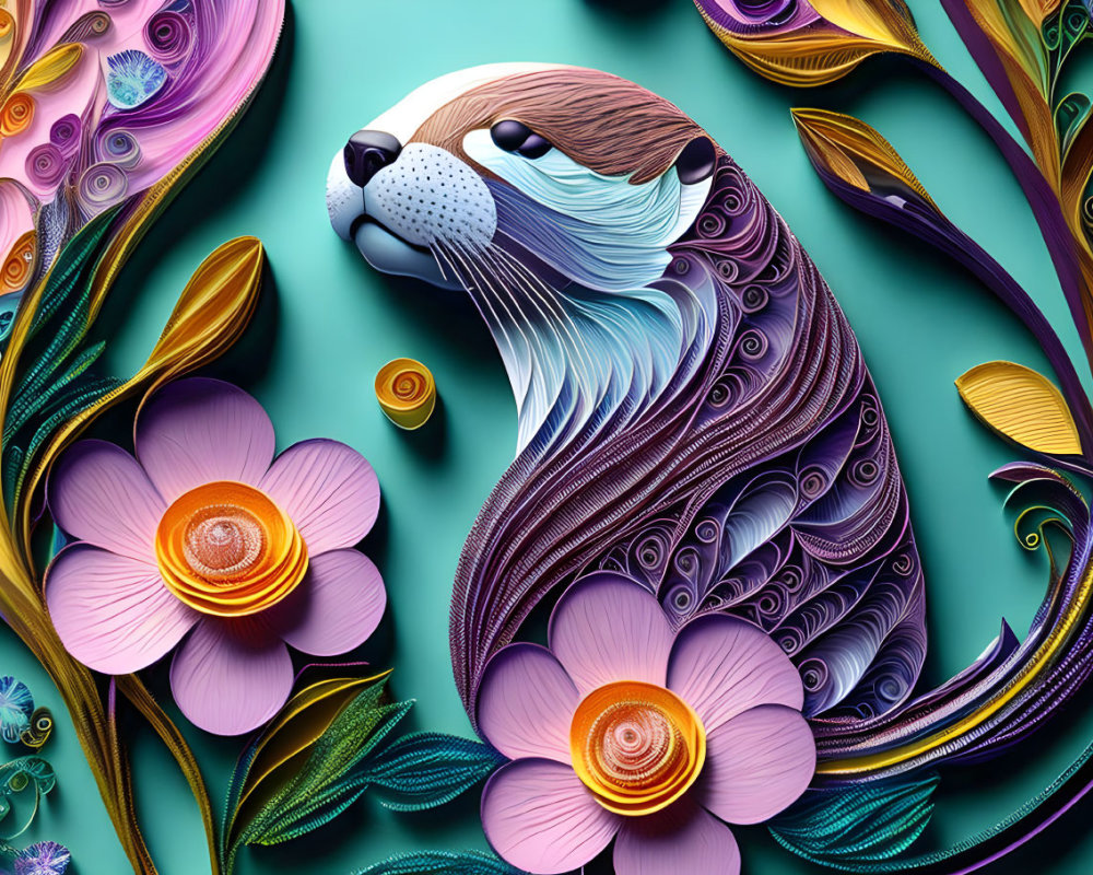 Colorful Paper Quilling Art: Sea Otter & Floral Design in Purple, Orange, Teal