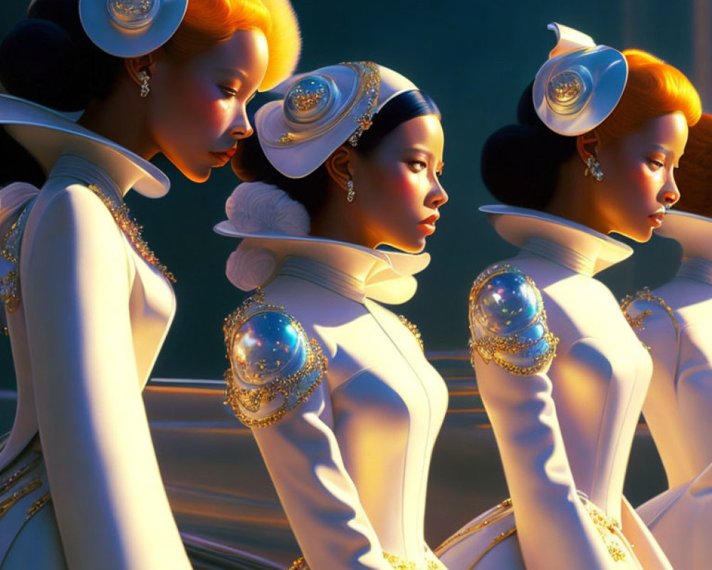 Stylized Women in Golden & White Futuristic Outfits