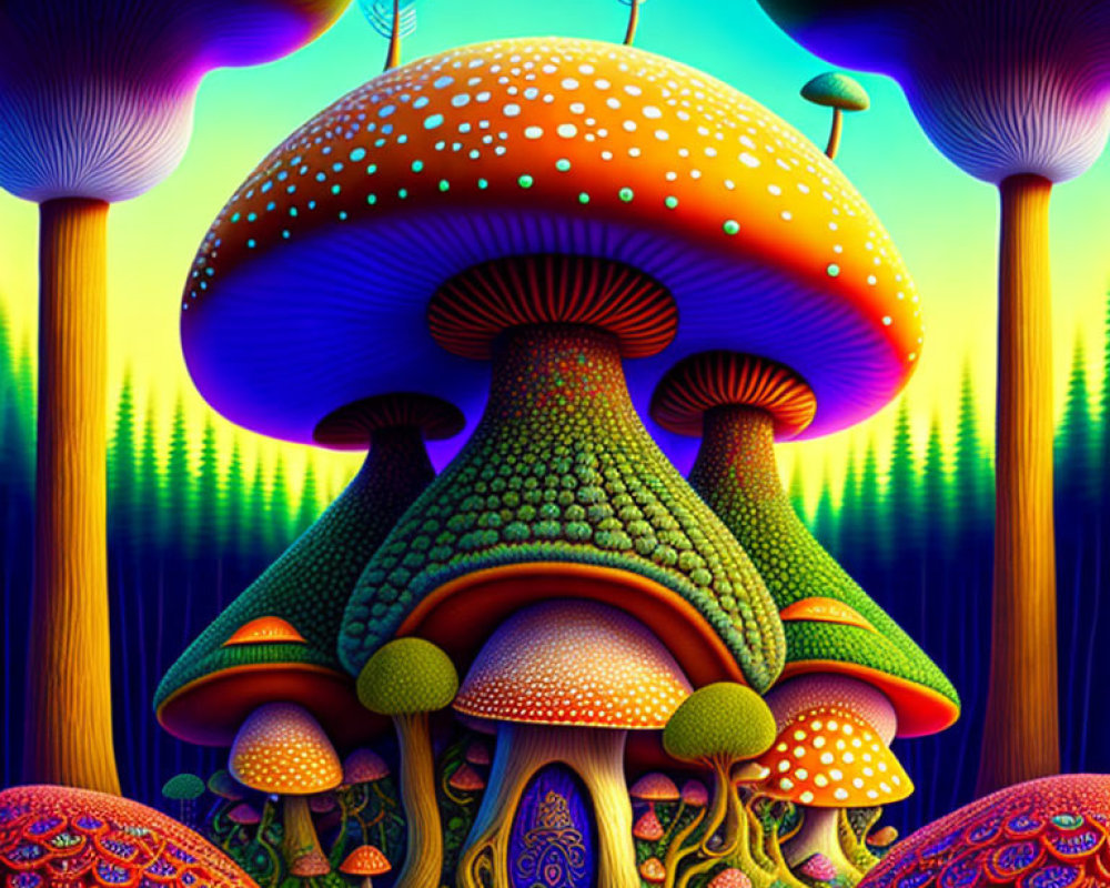 Colorful psychedelic artwork: oversized mushrooms in fluorescent forest