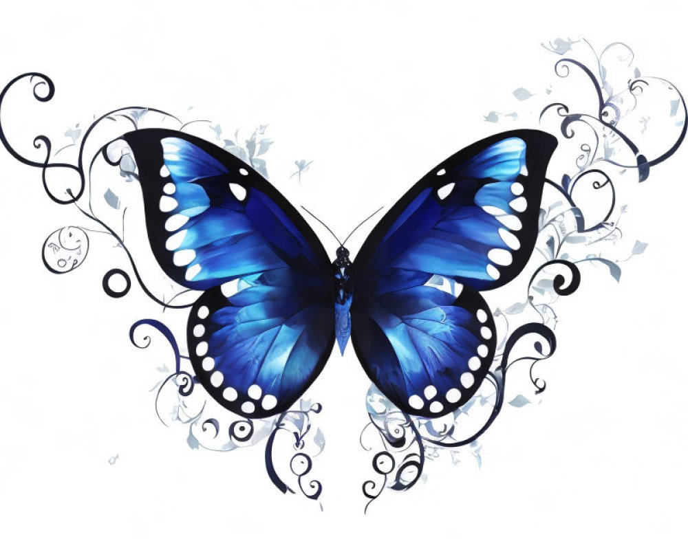 Blue Butterfly Artwork with Intricate Black Patterns and Floral Embellishments