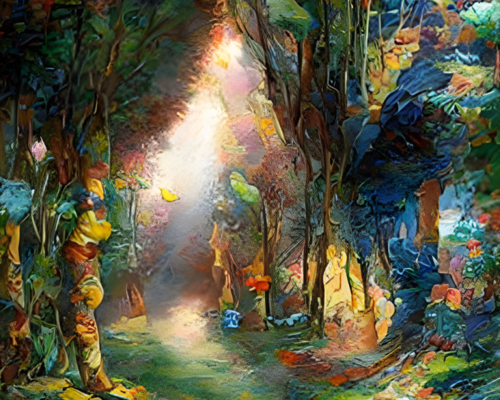 Impressionist-style painting of mystical forest with sunlit path