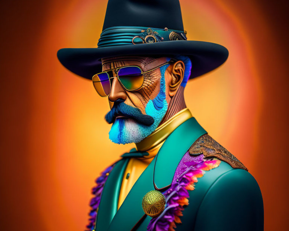 Sophisticated man portrait in teal top hat and sunglasses