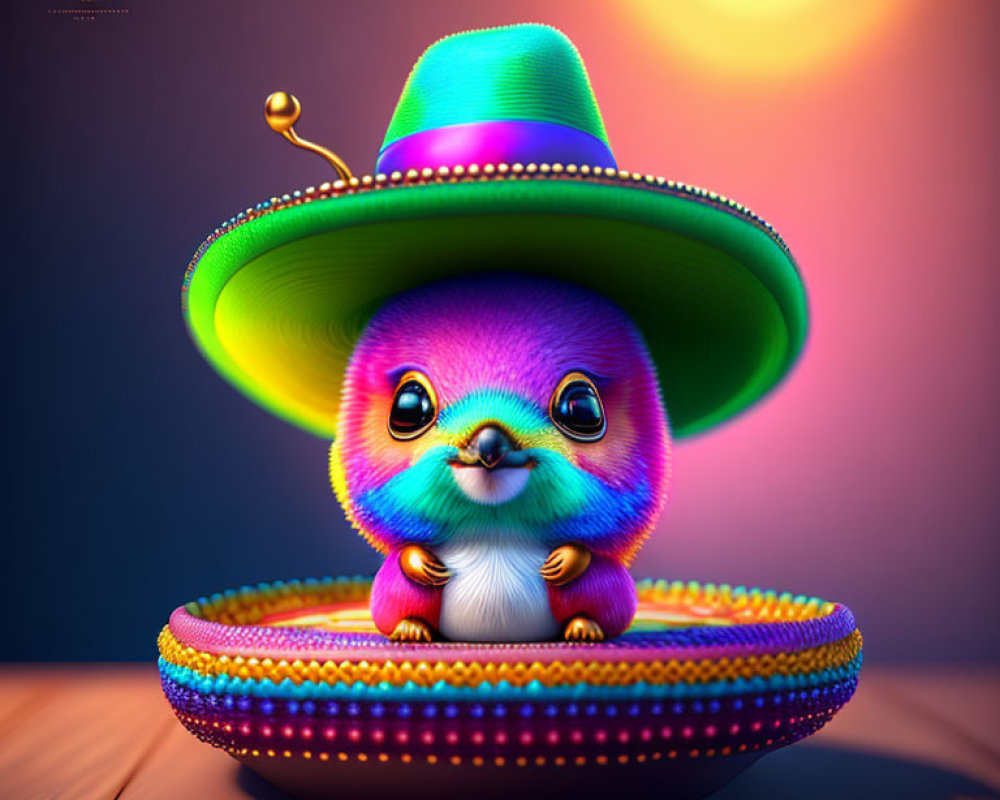 Multicolored animated creature in sombrero dish at twilight