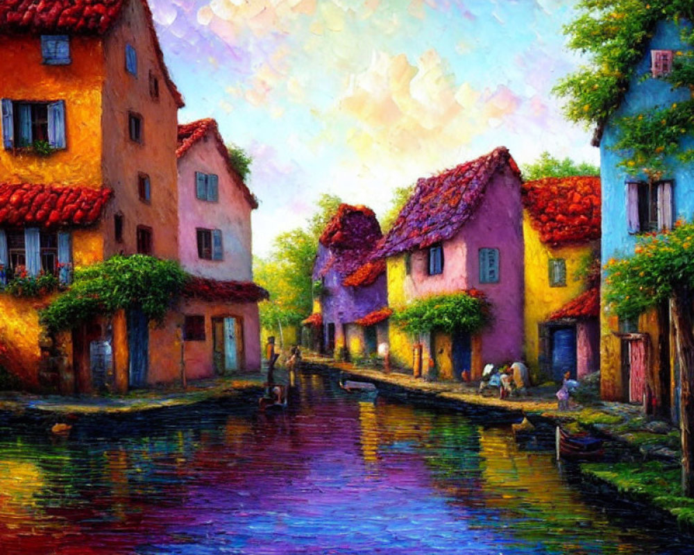 Colorful European-Style Canal Painting with Quaint Houses and Daily Life Activities