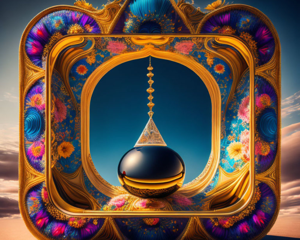 Ornate surreal frame with levitating black sphere in desert landscape