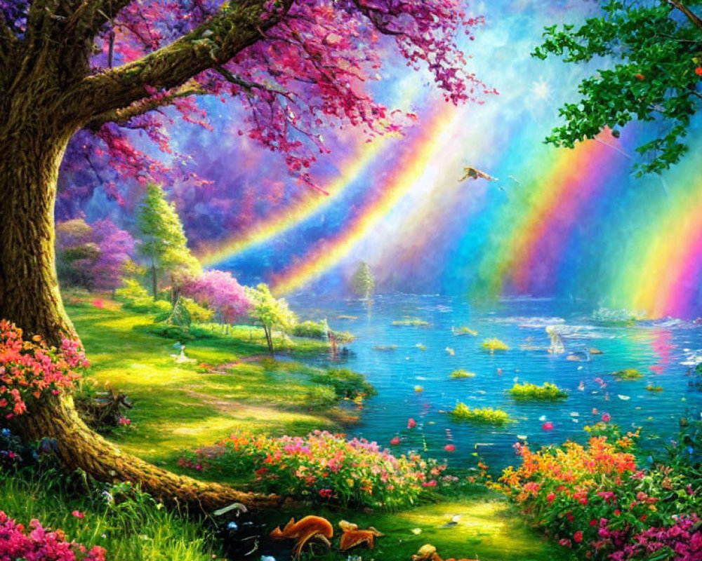 Colorful garden scene with rainbow, blooming trees, serene lake, and wildlife