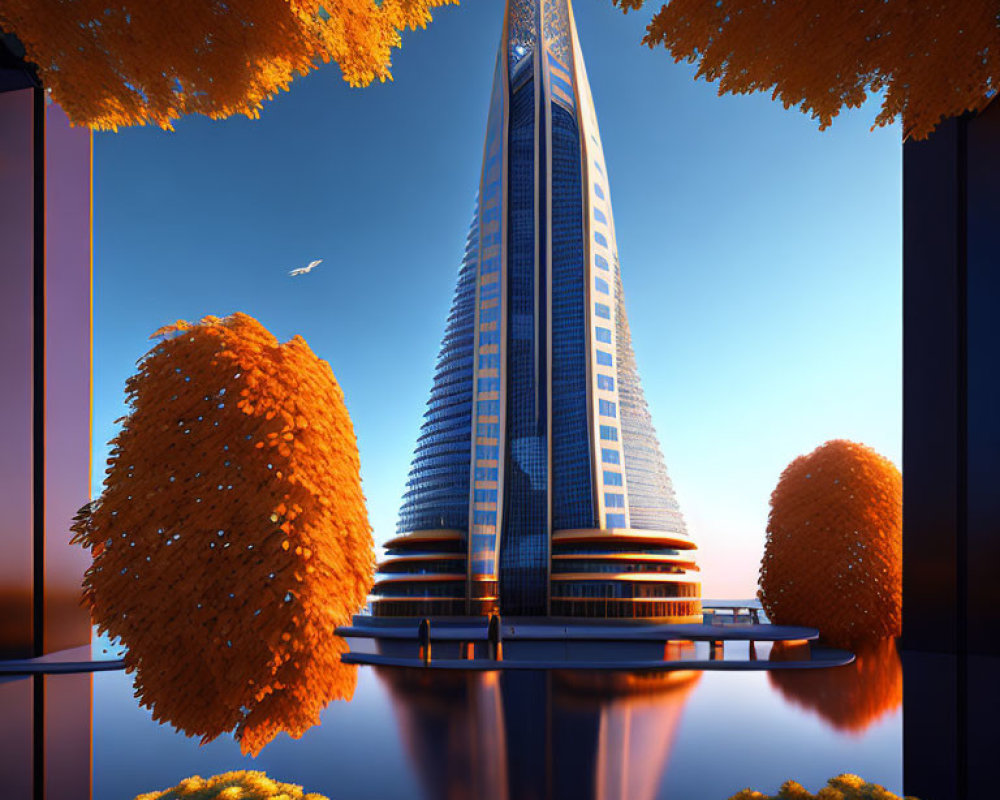 Futuristic skyscraper with spire, orange trees, blue sky, and water reflection