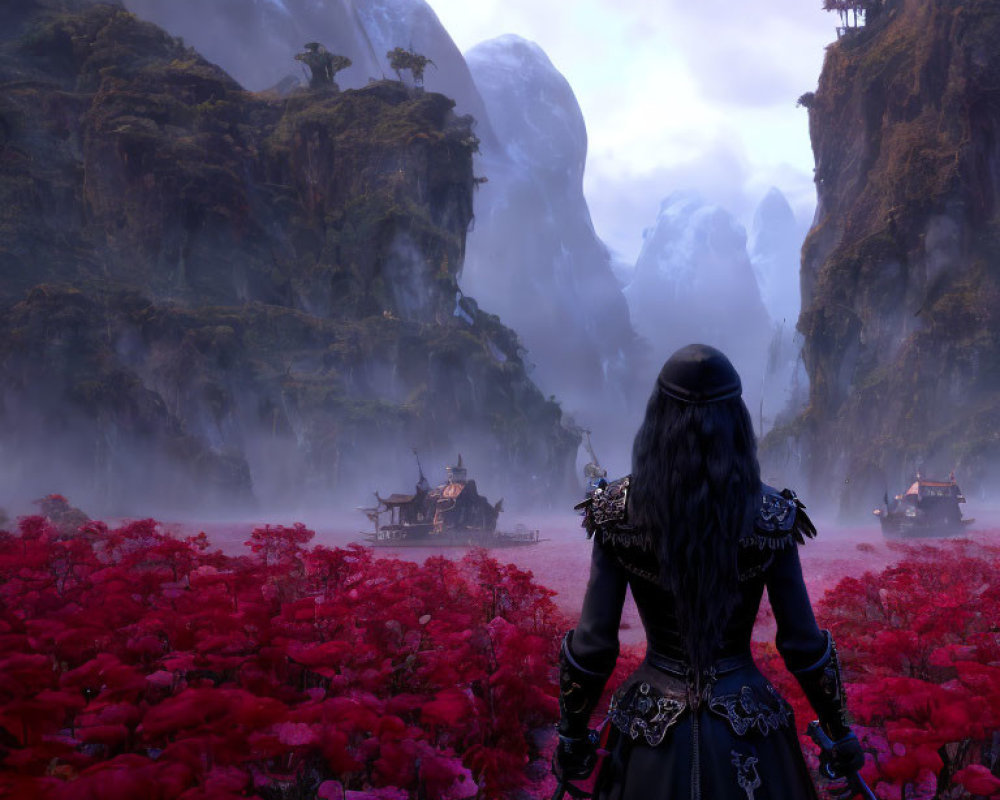 Black-armored character gazes at mystical Asian landscape with red flowers and misty mountains.