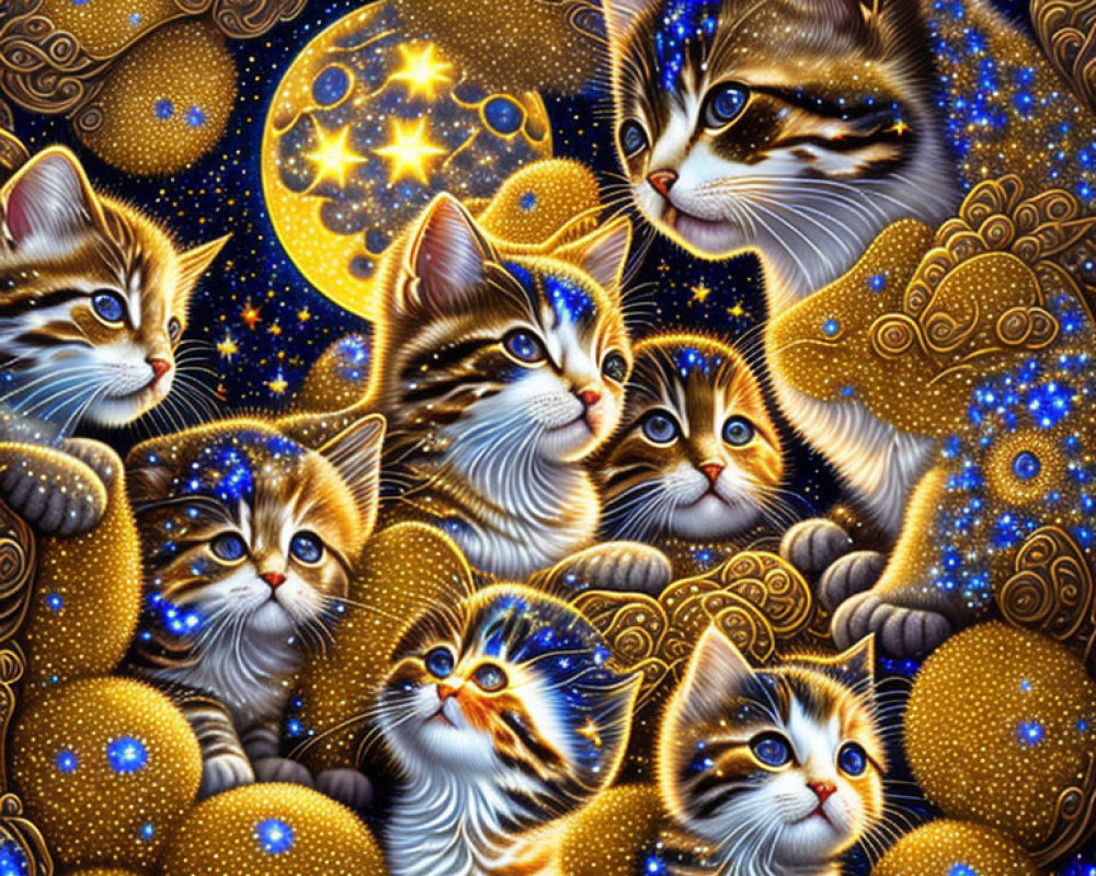 Vibrant cat illustration with celestial patterns on night sky backdrop