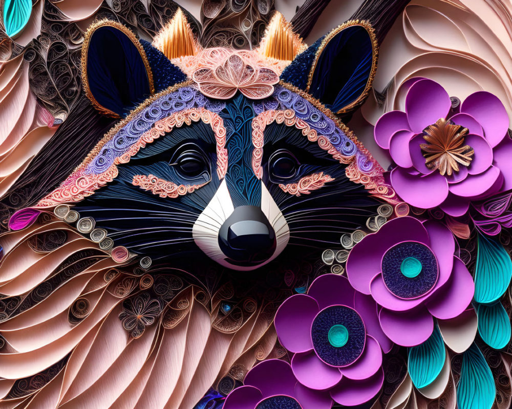 Colorful Paper Quilled Raccoon Face with Floral Surroundings