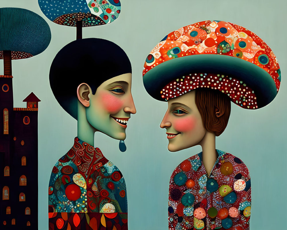 Stylized figures with mushroom cap heads in patterned clothing on whimsical background