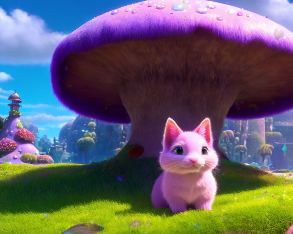 Pink animated kitten on vibrant green grass with purple mushroom and colorful backdrop