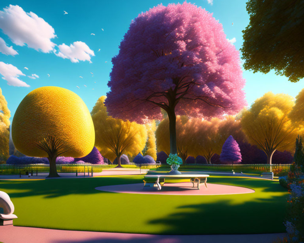 Colorful Park with Pink Blossoming Tree and Yellow Spherical Tree