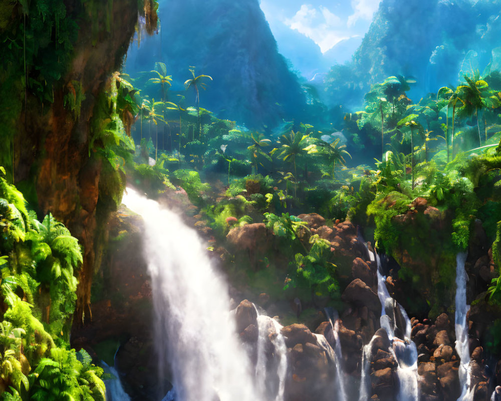 Tropical landscape with sunlit waterfall and lush vegetation