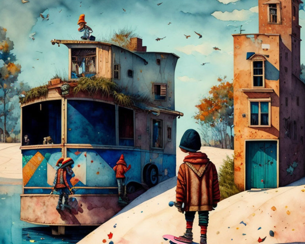 Child on skateboard admires vibrant, whimsical scene with eclectic buildings and surreal landscape.