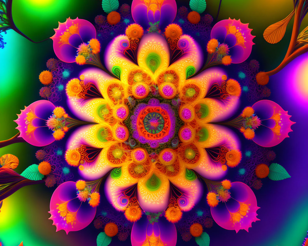 Colorful Symmetrical Fractal Floral Pattern in Purple, Orange, and Green