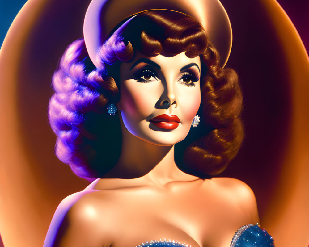 Vintage Hollywood-style woman with wavy hair and hat in sparkling blue attire.