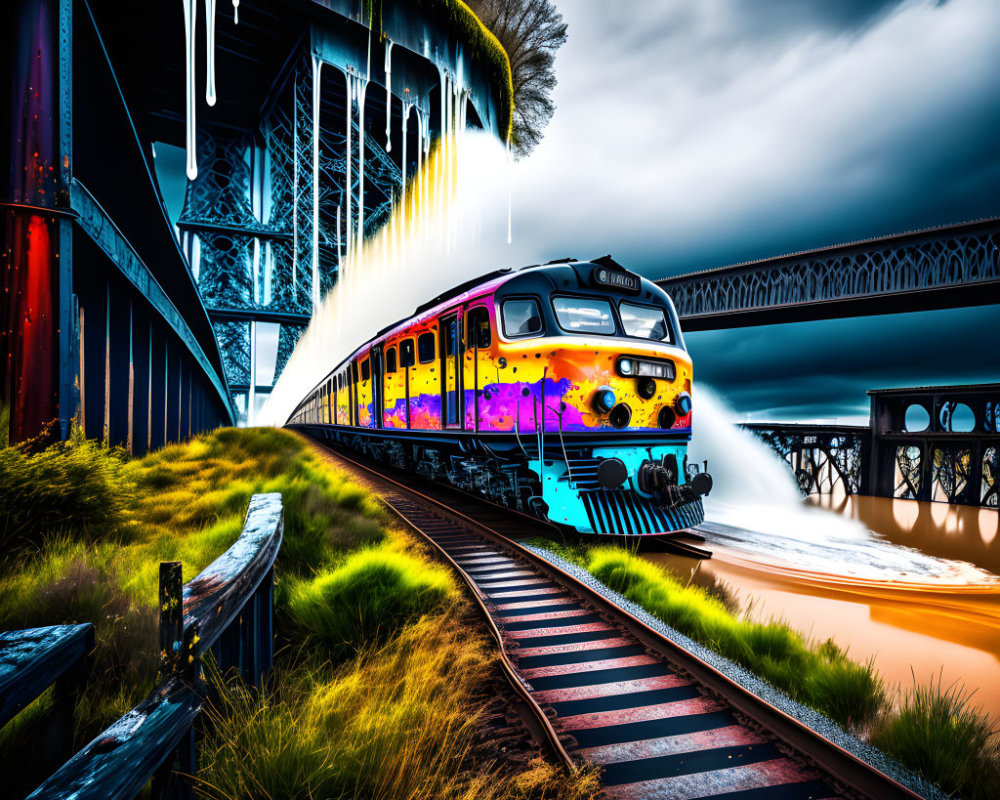 Colorful train on tracks with surreal lush surroundings and striking bridge - dreamlike scene