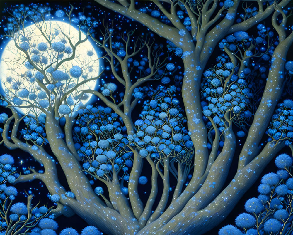 Detailed whimsical tree illustration under glowing full moon