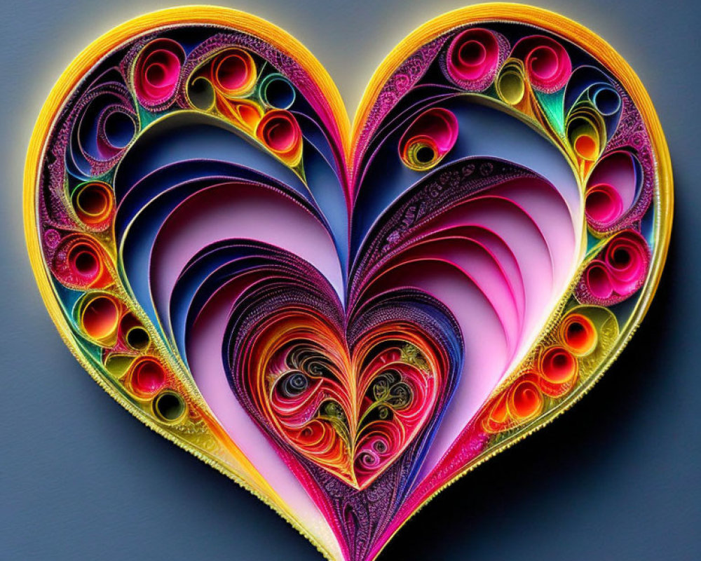 Vibrant quilled paper heart with yellow to purple gradient on grey background