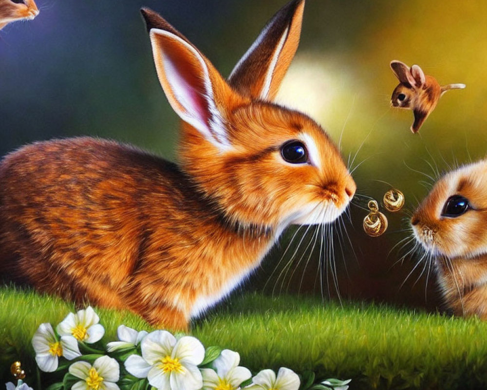 Detailed painting of brown rabbit with hummingbirds and blossoms