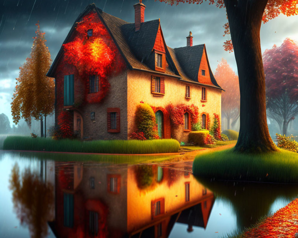 Two-story house with ivy in autumn setting near serene water body