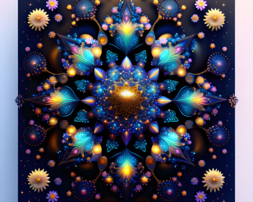 Symmetrical blue and gold floral fractal art with cosmic elements