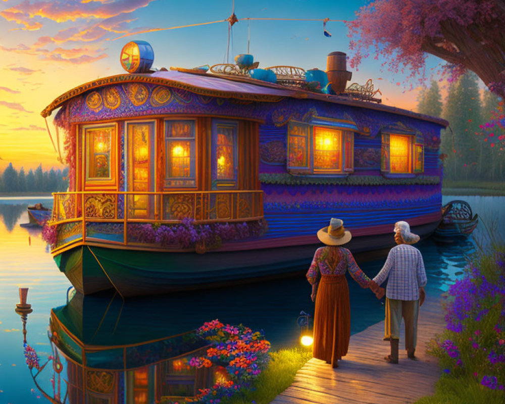 Couple admiring illuminated houseboat on tranquil waters at dusk