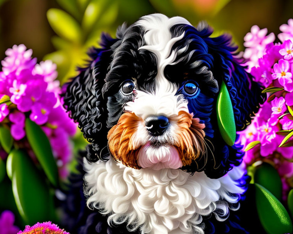 Fluffy black and white dog with blue eyes and brown eyebrows in purple flower field