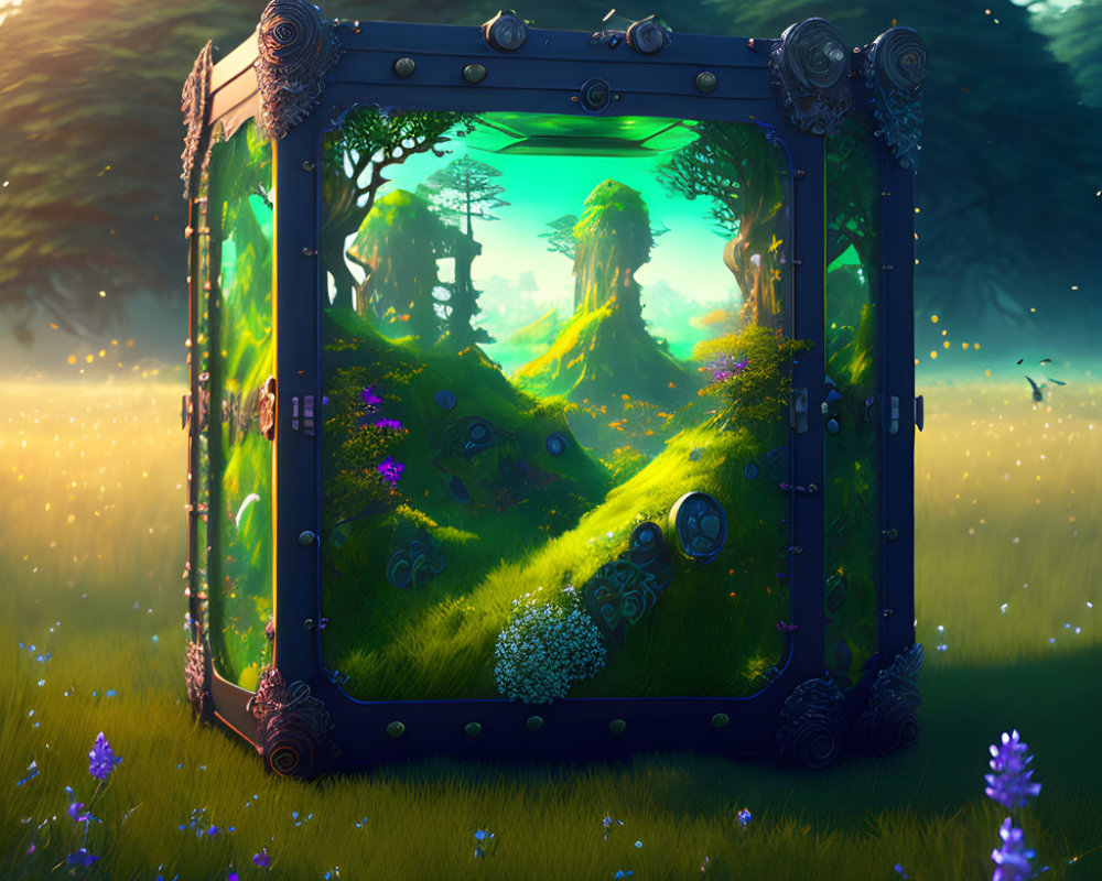 Lush meadow scene in fantastical cubic frame