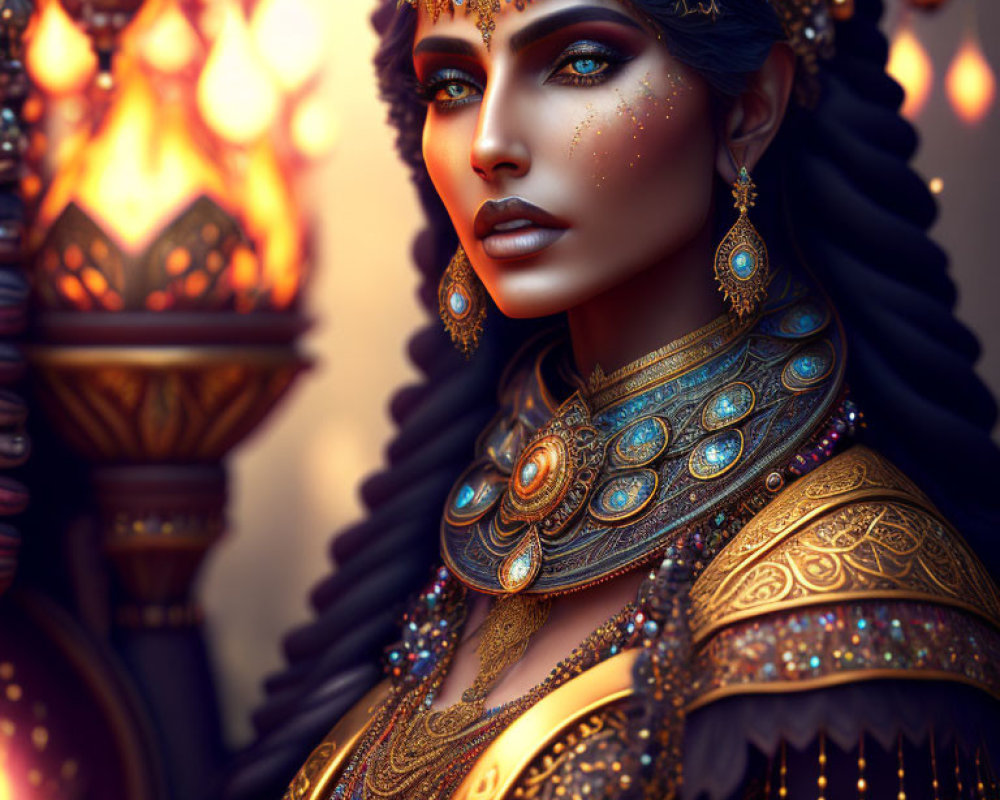 Fantasy portrait of woman with blue skin and ornate jewelry on warm background