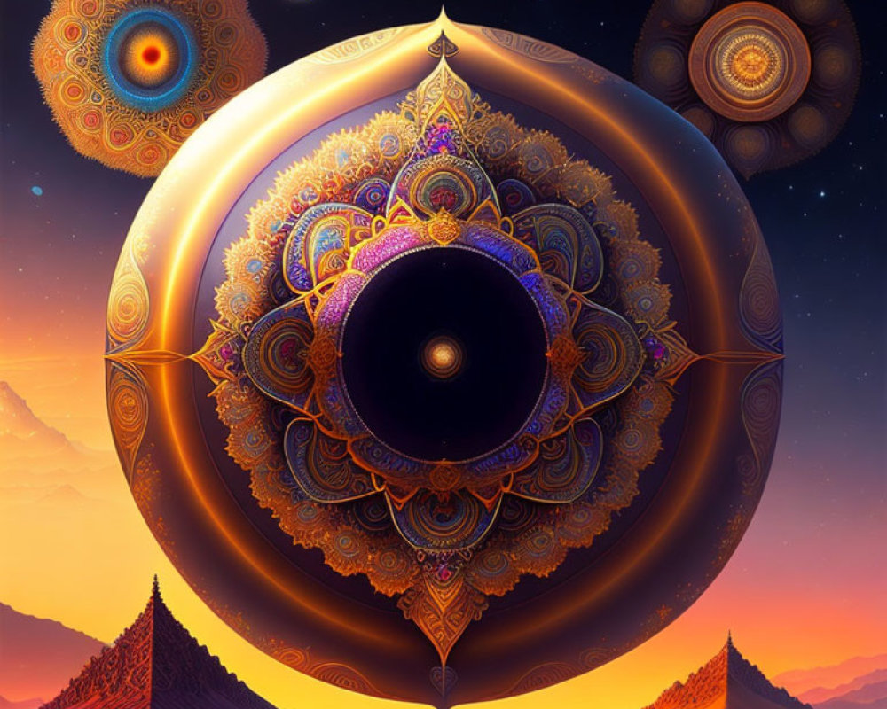 Colorful mandala art in cosmic landscape with planets and stars