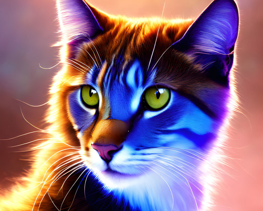 Colorful Digital Art: Cat with Glowing Eyes & Dynamic Lighting