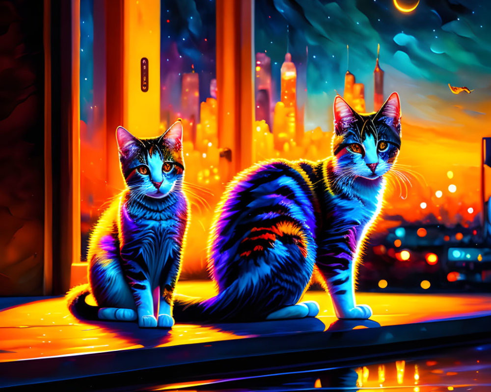 Colorful Cats on Porch with Neon Cityscape and Starry Sky