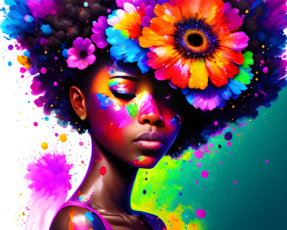 Colorful makeup and flowers in hair portrait with bright paint splashes