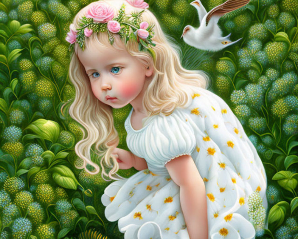 Young girl with floral headband in white dress surrounded by green foliage and yellow stars, white bird flying