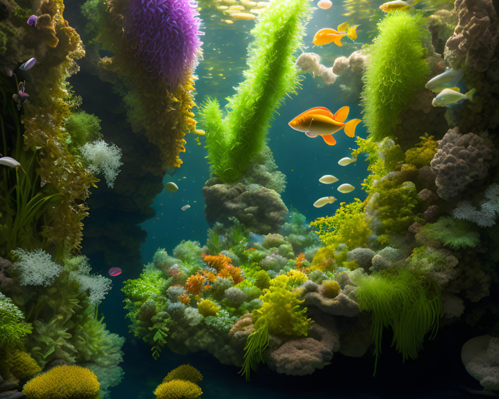 Sunbeams illuminate coral reef with colorful fish and aquatic plants