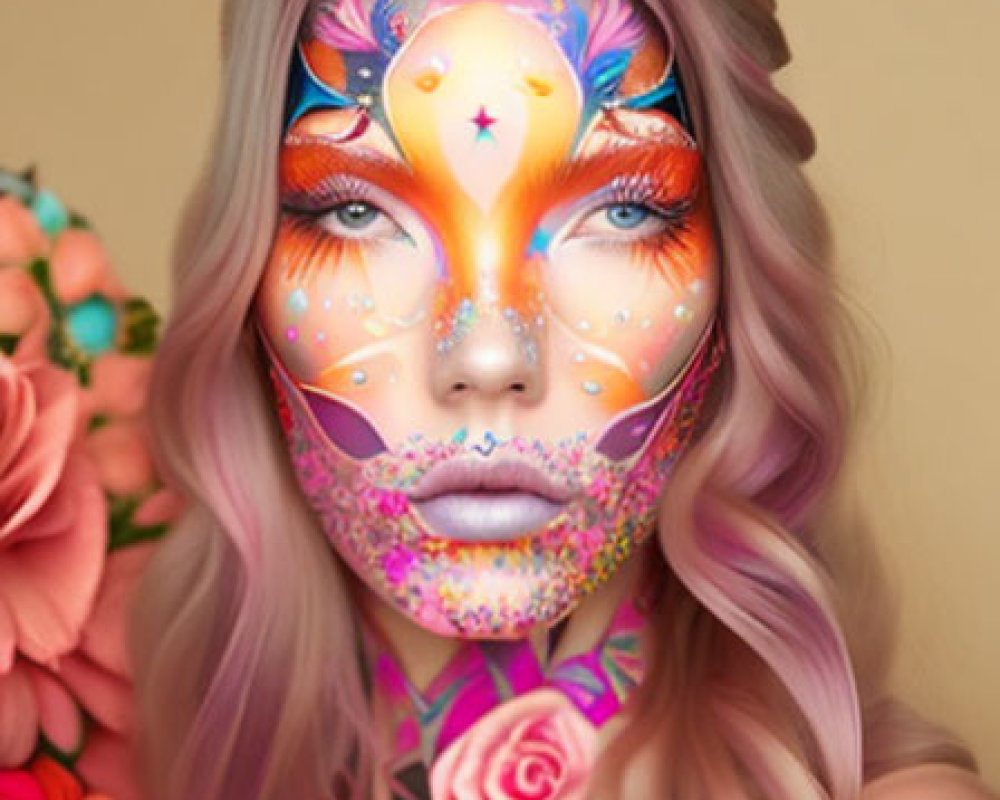 Digitally altered image of person with pastel pink hair and vibrant floral makeup in orange, pink,