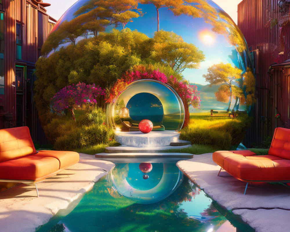 Tranquil outdoor scene with reflective sphere and vibrant garden