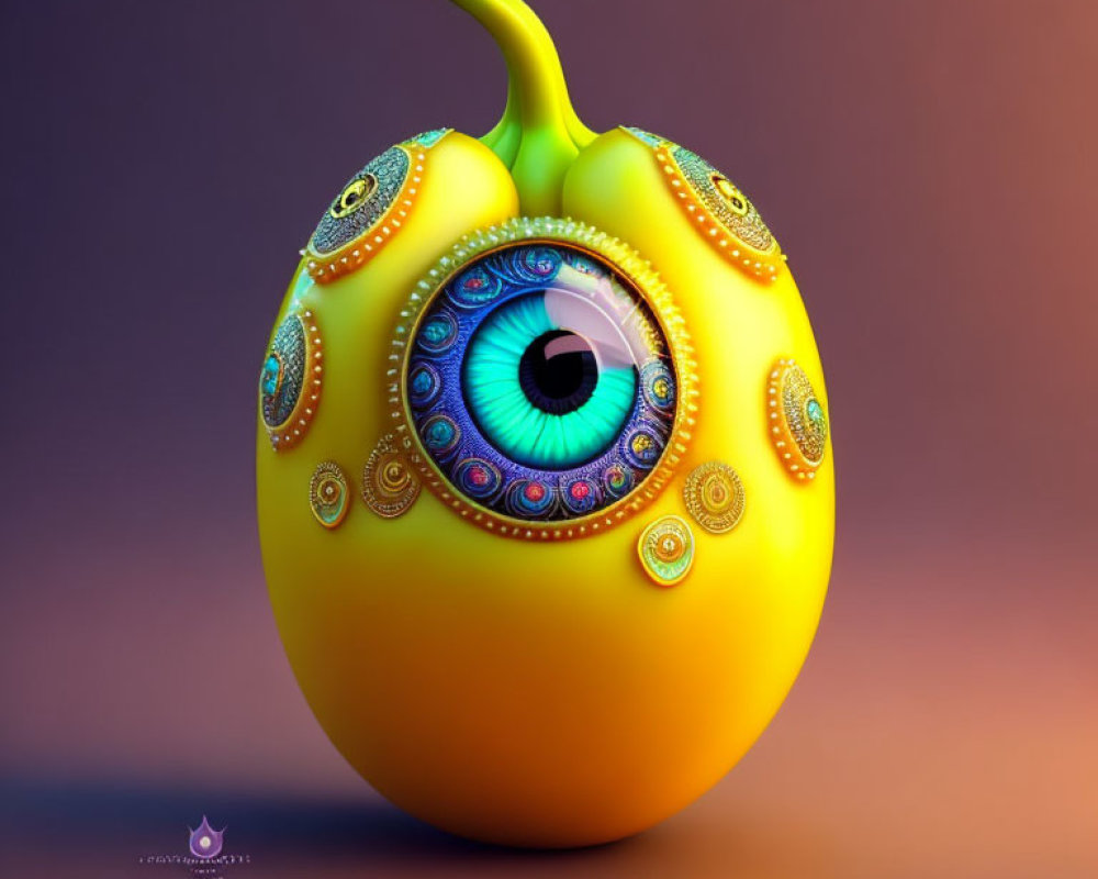 Vividly colored eye on surreal pear with intricate circular designs