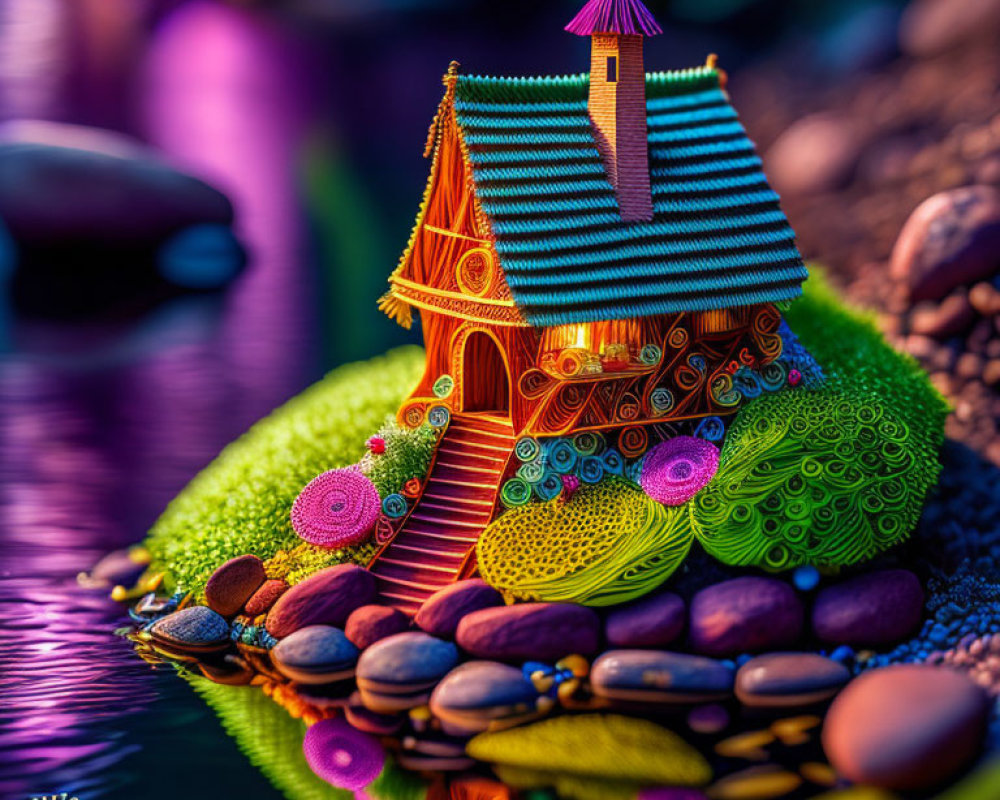 Colorful Whimsical Miniature House on Mossy Island with Pebbles by Water