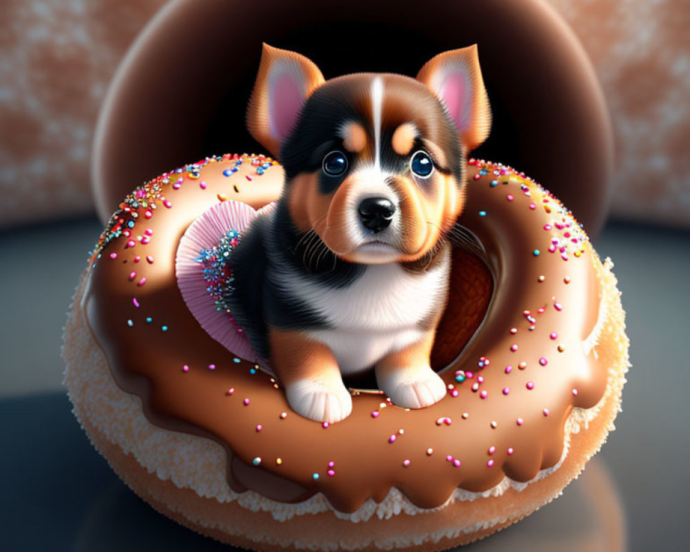 Shiny-coated puppy on chocolate doughnut with sprinkles